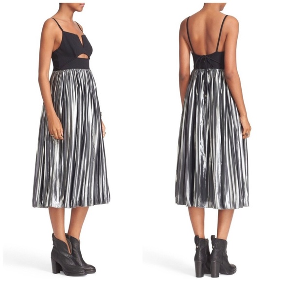 Free People Piper Pleated Midi Dress Black Silver OB555630 - Picture 1 of 16